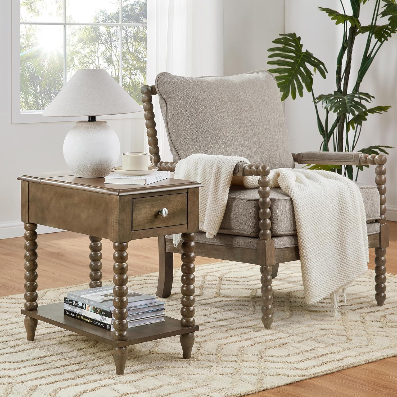 DUHOME Bobbin Side Table with Drawer & Charging Station, an Amazon dupe
