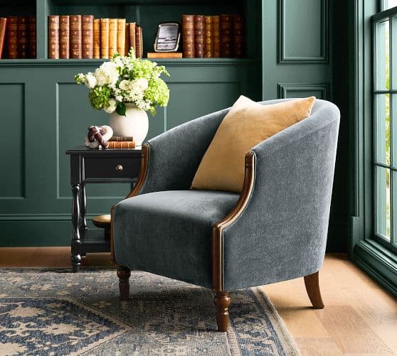 Chris Loves Julia Upholstered Chair styled in a living room