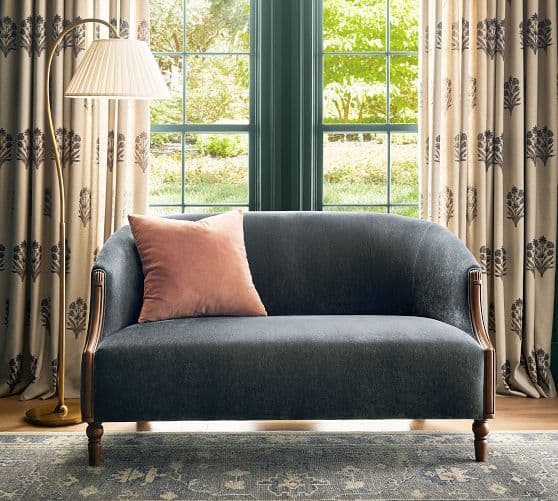 Chris Loves Julia Florence Settee styled in a living room