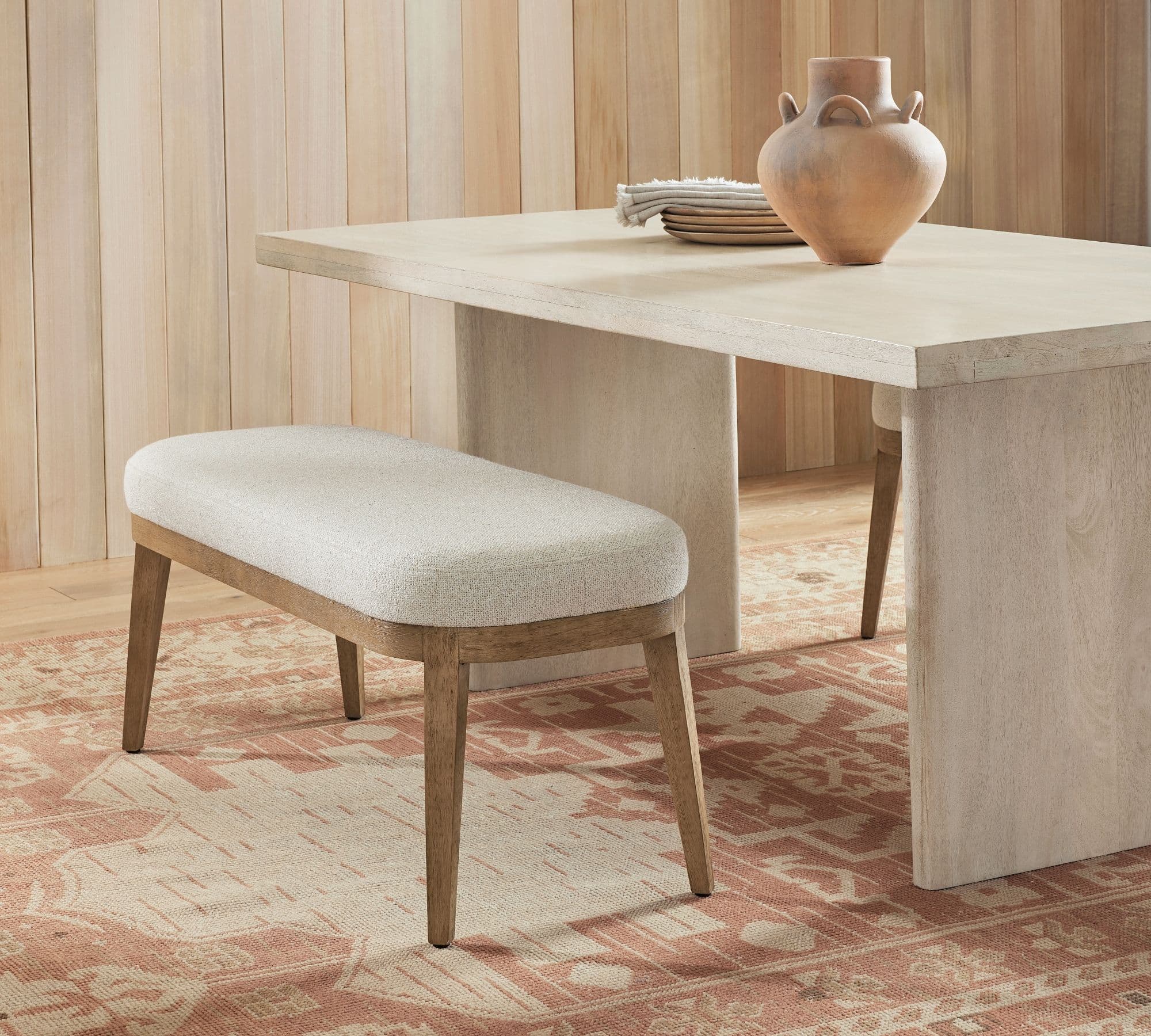 Pottery Barn Layton Upholstered Dining Bench styled in a dining room