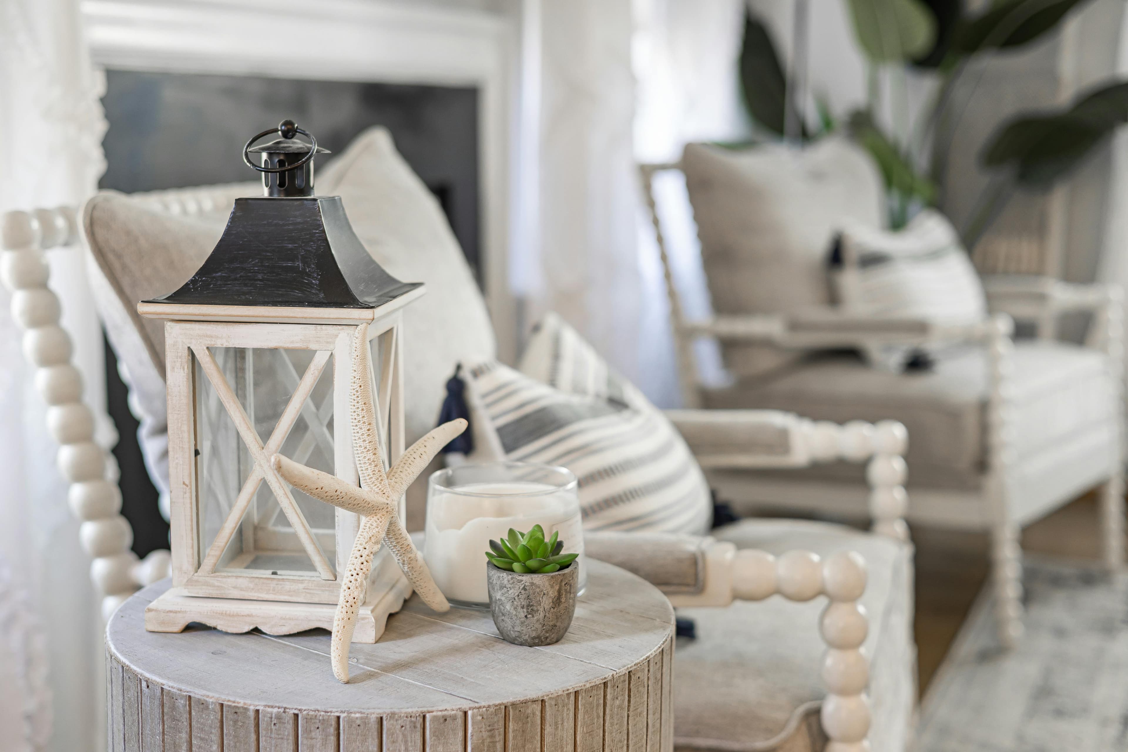Coastal farmhouse vignette with natural textures