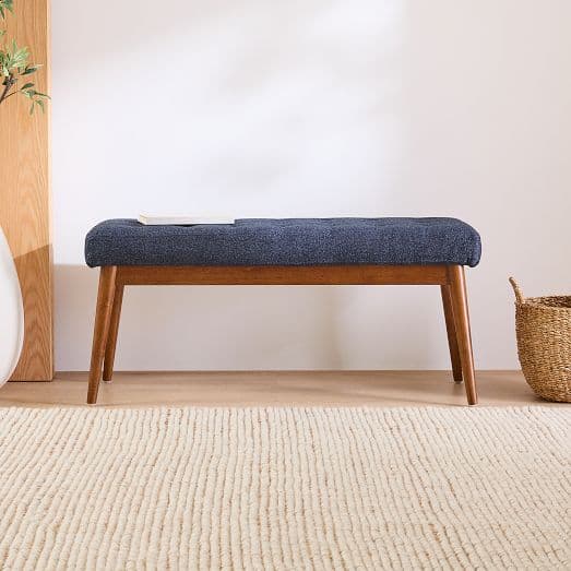 West Elm Mid-Century Upholstered Bench styled in a bedroom