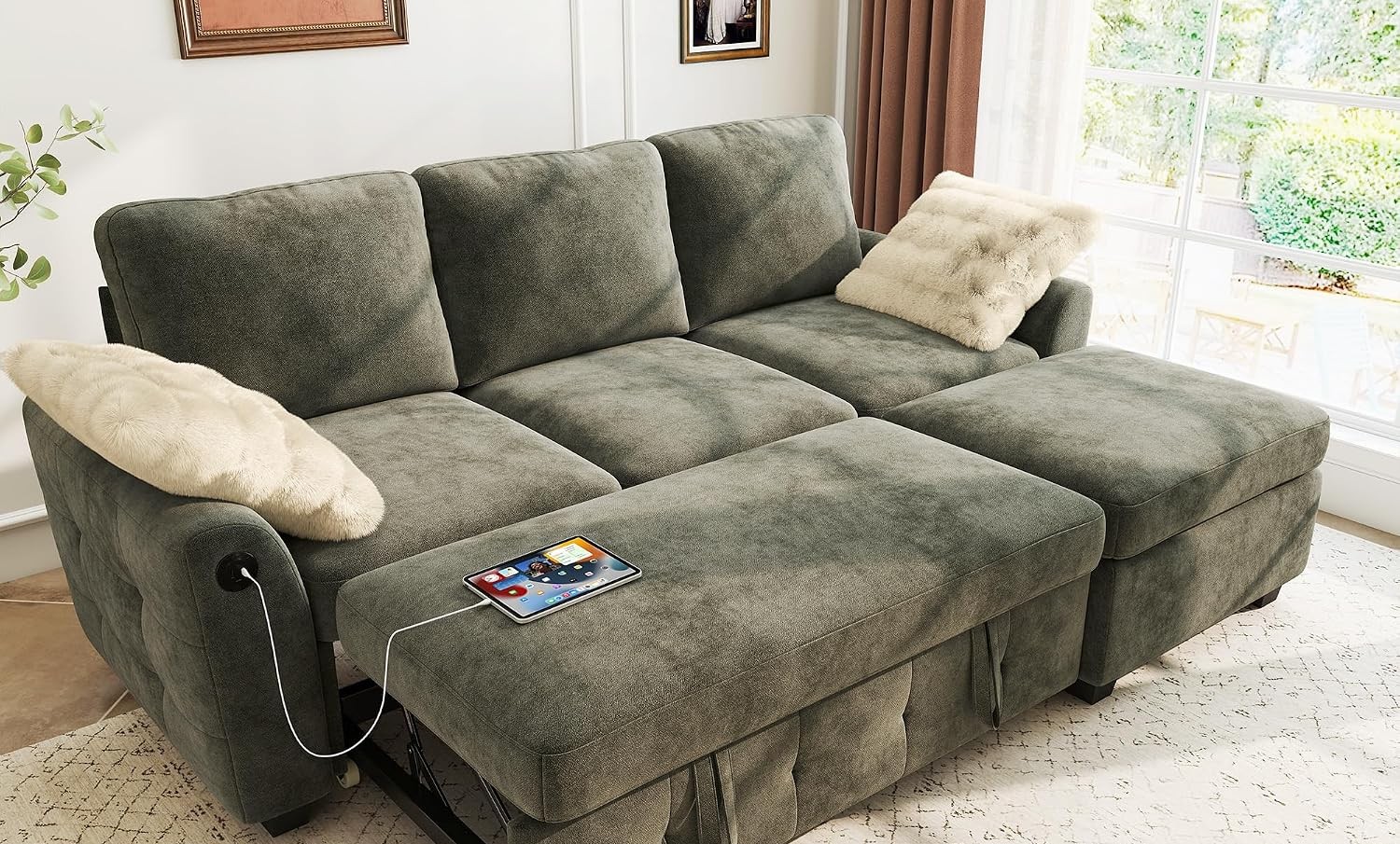 Ihanherry Modular Convertible Sectional Sofa Bed with Storage Ottoman, Gray Chenille - Image 1