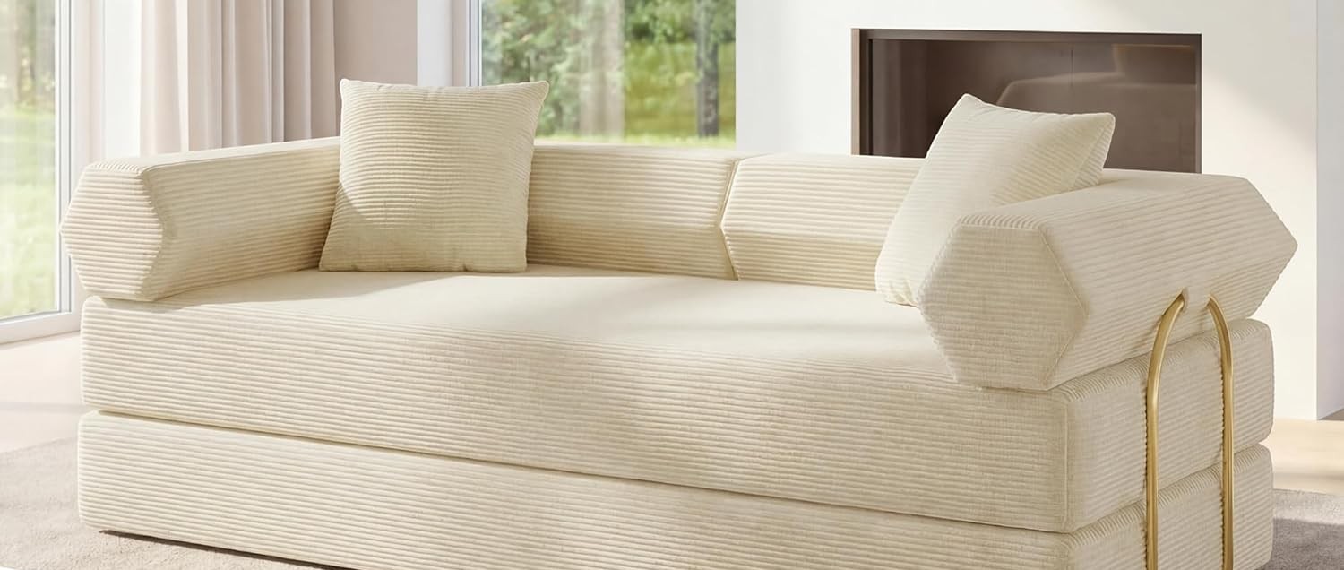 eeosiv 79-Inch Convertible Corduroy Sofa Bed, Cream White - Image 1