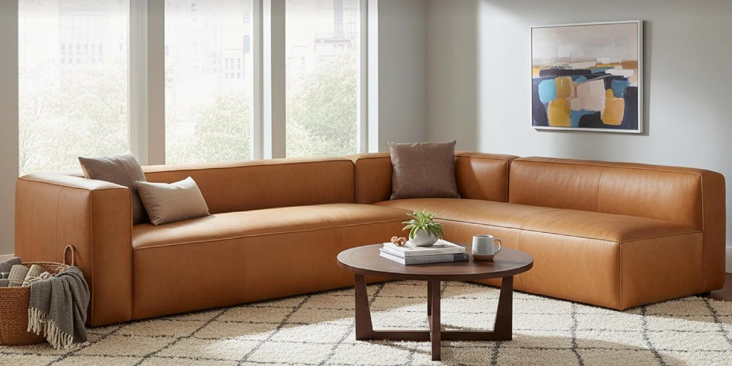 Poly & Bark Piazza low bourbon tan leather corner sectional in a modern room with a checked rug