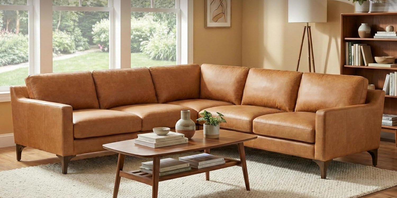 Poly & Bark Sorrento cognac leather corner sectional in a sunlit living room with a walnut coffee table